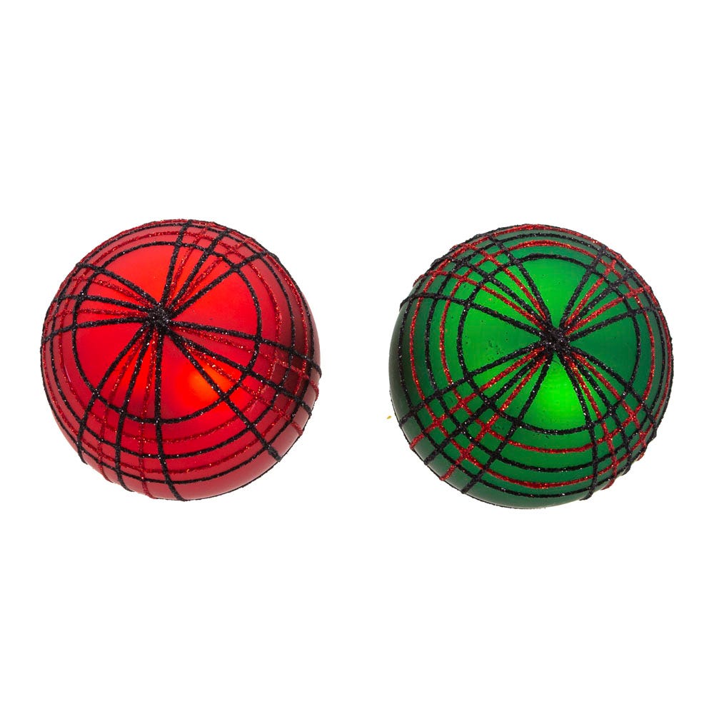 Kurt Adler 80 MM Red and Green Plaid Glitter Balls, 6-Piece Set